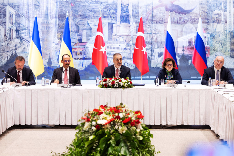 Turkish Foreign Minister Hakan Fidan chairs a meeting between Ukrainian and Russian delegates on ending war in Ukraine on May 16, 2025.